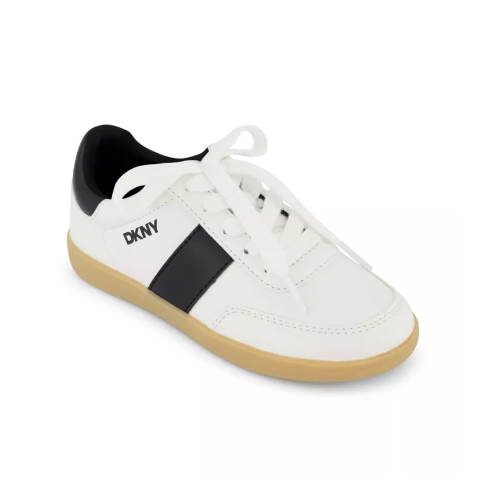 DKNY White Leather Sneaker with Black Accents and Gum Sole